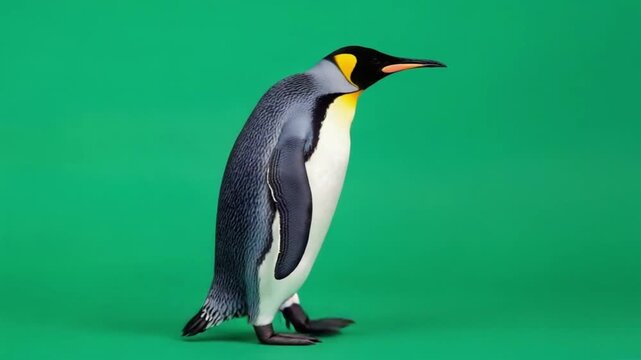 Adult emperor penguin walking on a green screen background.