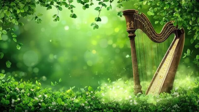 Enchanting harp in lush green forest with sunlight and falling leaves. Saint Patrick's Day, St Paddy's Day, St Patty's Day - Irish National Holiday and Cultural Celebration
