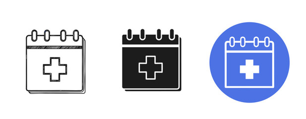 Medical planner icons: sketch, solid, and flat designs in blue