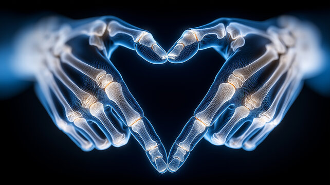 A creative blue-toned X-ray visualization of two human hands coming together to form a heart symbol. High-detail skeletal structure showcasing phalanges and metacarpals on a black background.
