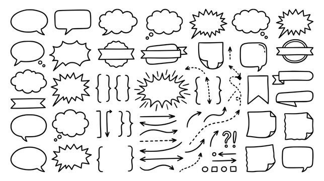 Hand Drawn Doodle Set of Speech Bubbles Arrows and Note Elements for Mind Map Planning