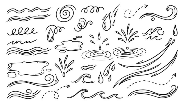 Black hand drawn liquid motion doodles set with water waves splashes ripples and wind swirls