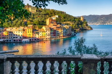 Fototapeta premium Portofino View with Classical Balustrade, Liguria, Italy