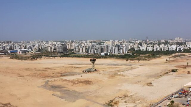 Aerial View of Former Sde Dov Airport Vacated Site with Historic Control Tower and North Tel Aviv Residential Skyline, Israel
