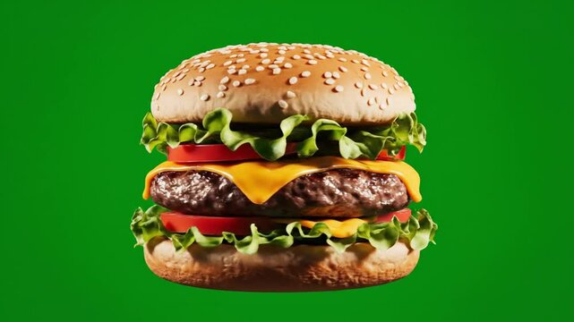 Delicious double cheeseburger with sesame seed bun against green background