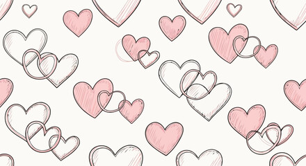 Light pastel pink overlapping doodle heart seamless pattern