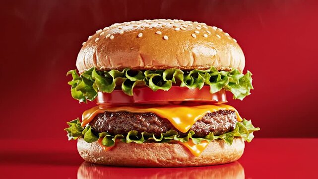 Delicious hamburger with floating ingredients on a vibrant red background