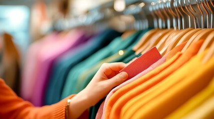 woman browsing clothes on hangers in fashion store