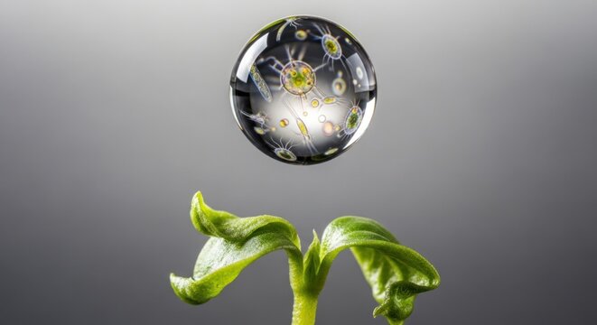a microcosm of plant life and microorganisms contained within a single water droplet