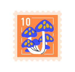 Fototapeta premium Post stamp with mushrooms. Fly agaric fungi on square postal mark with perforated edge. Fantasy botanical postmark. Nature card for mail. Flat vector illustration isolated on white background