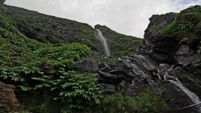 Cascata do Poco do Bacalhau on Flores Island, Azores, Portugal