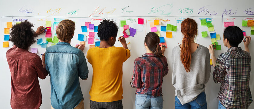 Diverse Group Collaboration and Brainstorming with Sticky Notes in Modern Office Environment