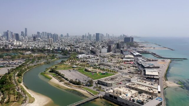 Aerial View of Yarkon River Estuary and Tel Aviv Port with Ramat Gan and Tel Aviv City Skyline, Israel