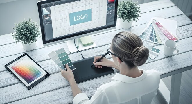 Overhead view of a woman designing a logo on a computer with color swatches and a tablet on a wooden desk in a modern office setting with a calm mood.