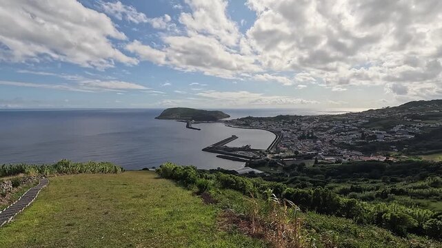 Skyline of Horta seen from Miradouro de Nossa Senhora da Conceicao, Faial Island, Azores, Portugal