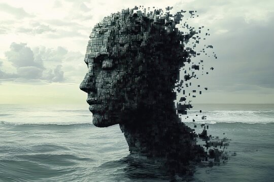 pixelated human head made of black cubes disintegrating into scattered squares above ocean waves under a cloudy sky, evoking solitude and melancholic fragmentation