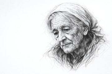 Black and White Pencil Sketch Portrait of Elderly Woman with Emotional Expression