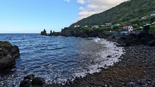 Rocky coastline at Norte Grande, Sao Jorge Island, Azores, Portugal