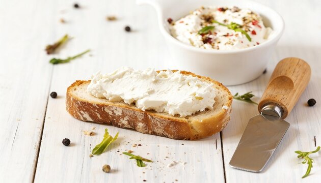 Spreading creamy dairy spread on rustic bread