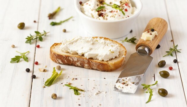 Spreading creamy dairy spread on rustic bread