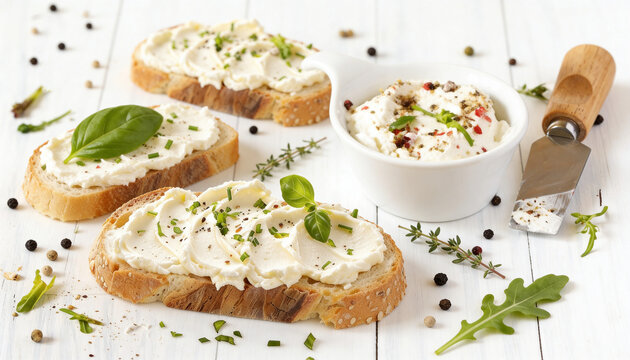 Spreading creamy dairy spread on rustic bread