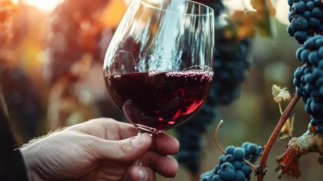 Hand swirling red wine in glass, tasting moment, grape harvest, viticulture scene, wine tasting, enology experience, sunlit vineyard.