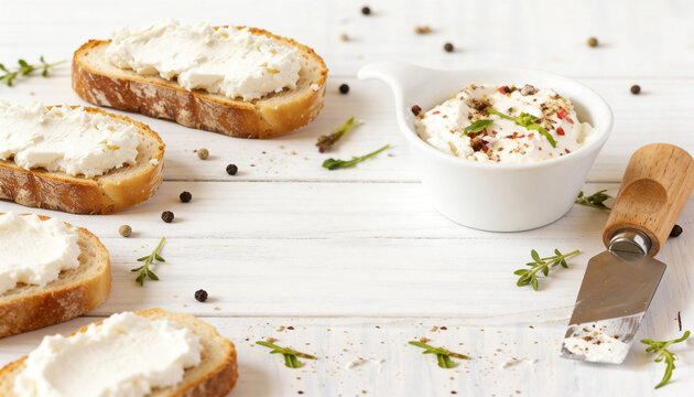Spreading creamy dairy spread on rustic bread