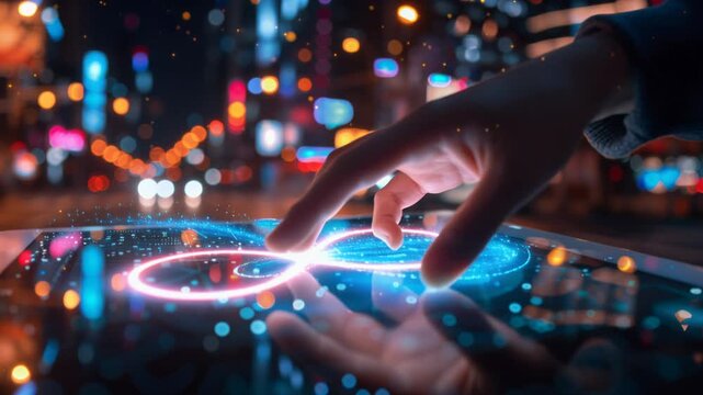 Person touching holographic infinity sign, futuristic UI, digital interaction, augmented reality, tech interface, glowing symbol, aesthetic.
