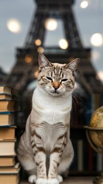 Curious cat explores parisian window with eiffel tower as backdrop