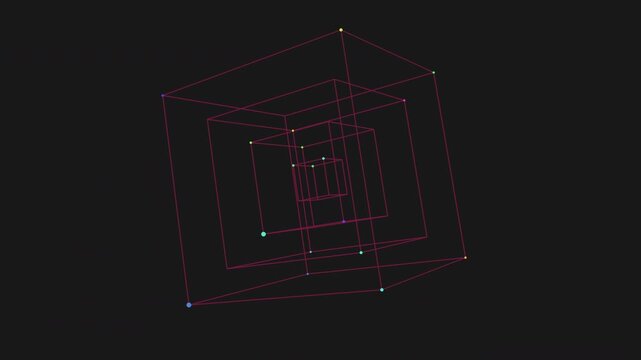 Abstract neon wireframe cube tunnel rotating on dark background, 3D geometry