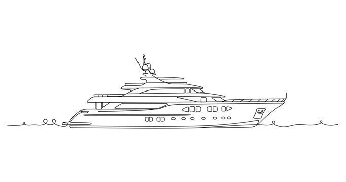 Luxury yacht moored in calm sea line drawing on white background. No editable stroke