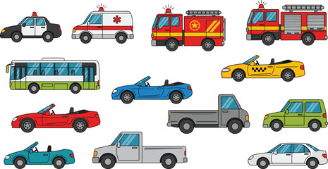 Flat Urban Transport and Emergency Vehicle Collection Featuring Police Cars, Ambulances, Fire Trucks, Bus, Sports Cars, Pickup, Van and Sedan Icons © MstRakha