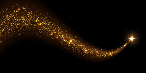 Golden magic star light effect. Gold glitter trail with glowing star. Star trail curved stream from glowing particles with star on dark background. Festive vector illustration. © Mariquita vector