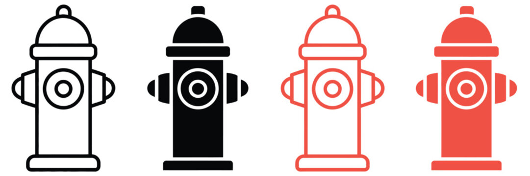 Fire, hydrant icon set with line and solid styles, black and red vector silhouettes, emergency water access symbol, firefighter safety, industrial safety illustration