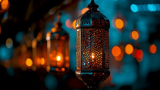 Ornate Hanging Lanterns Glowing at Night with Warm Lights and Bokeh Background