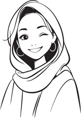 Smiling Muslim girl in hijab black and white vector illustration