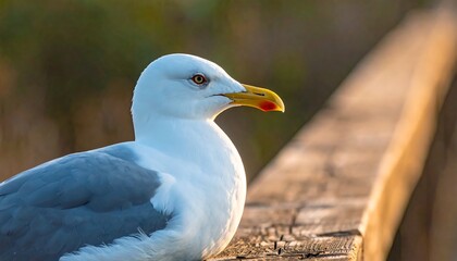 Obraz premium Seagull Portrait on Wooden Railing in Natural Light.
