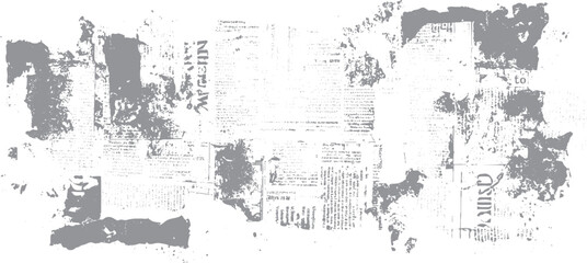Fototapeta premium Gray distressed newspaper texture with scattered text fragments and abstract ink splatters grunge background