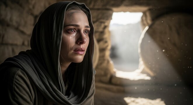Emotional woman with headscarf crying at the open tomb of Jesus. Mary Magdalene witness of the resurrection on Easter Sunday. Cinematic biblical portrait of faith and miracle.