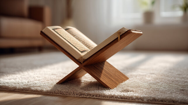 Islamic Holy Quran on wooden rehal stand, open religious book on carpet in bright living room, spiritual prayer concept for Ramadan and Eid