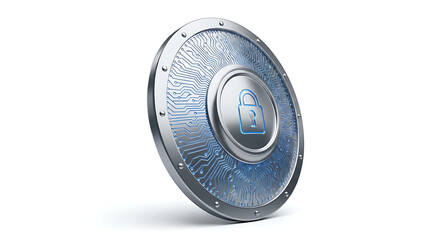Naklejka premium Futuristic metallic shield with circuit board patterns and an unlocked padlock icon, symbolizing advanced digital cybersecurity and robust data protection infrastructure