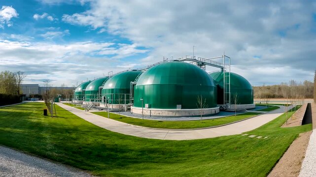 Row Of Large Green Dome Structures Standing On Grassy Field With Paved Path Under Blue Sky