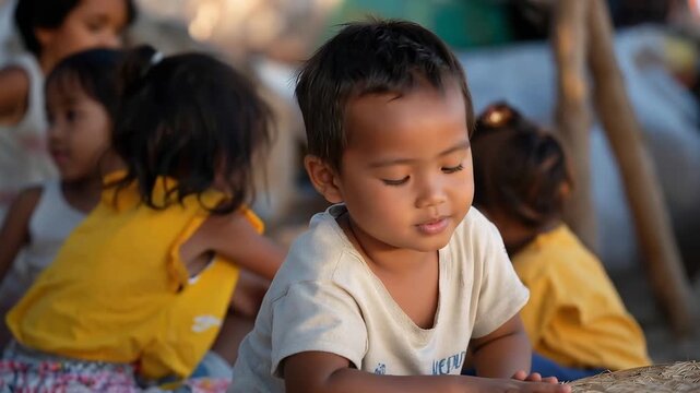 Children play and learn together in the activity area of a shelter for migrants, illustrating the importance of providing educational resources and a nurturing space for the youngest community