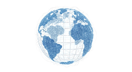 Obraz premium Dynamic digital representation of a global network, with shimmering blue dots and lines connecting continents, symbolizing worldwide data flow and technological connectivity across the Earth's surface