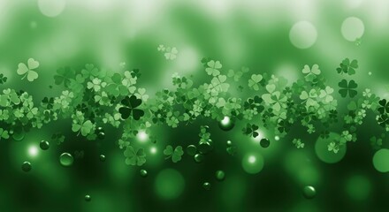 Fototapeta premium A green background with shamrocks and bokeh lights