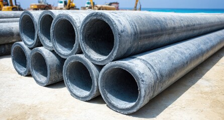 Gray concrete pipes stacked on construction site