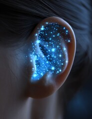 Close-up of an ear, glowing with light points