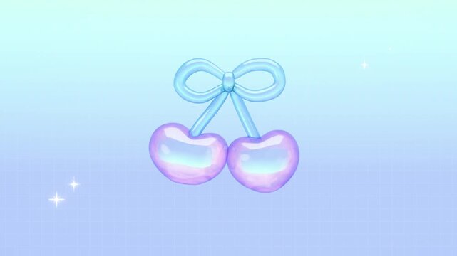 Dreamy Kawaii Cherry Wobbling 3D Loop Animation, Pastel Blue Yumekawaii Background
