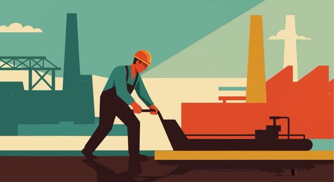 Worker operating asphalt paver in stylized industrial landscape