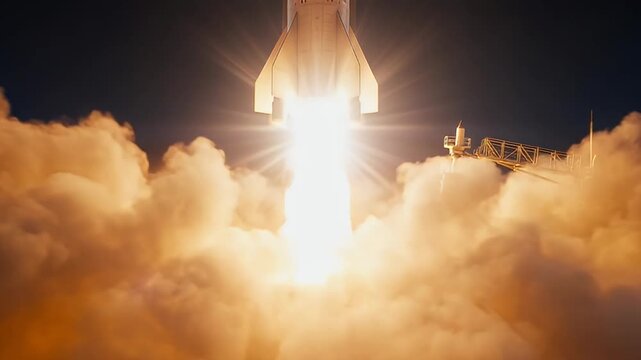 Rocket launch with smoke and fire creating intense light and clouds background